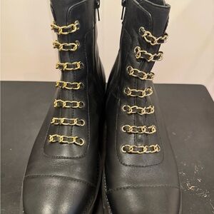 Black Leather Combat Boots with Gold Chain Accents